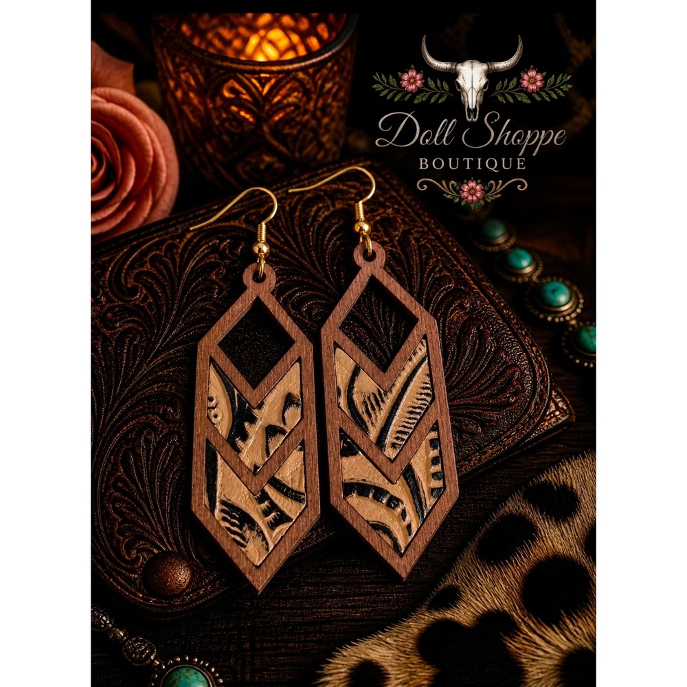 Tan Pattern Wood Faux Leather Earrings | Western Boho Dangle 🤠